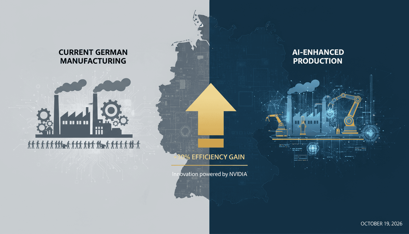 Nvidia CEO Jensen Huang speaking at the Berlin Investment Summit about AI integration in manufacturing.