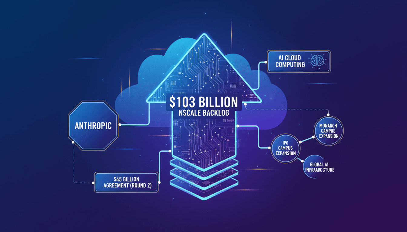 Infographic illustrating Nscale's $103 billion backlog and its partnerships in AI cloud computing.