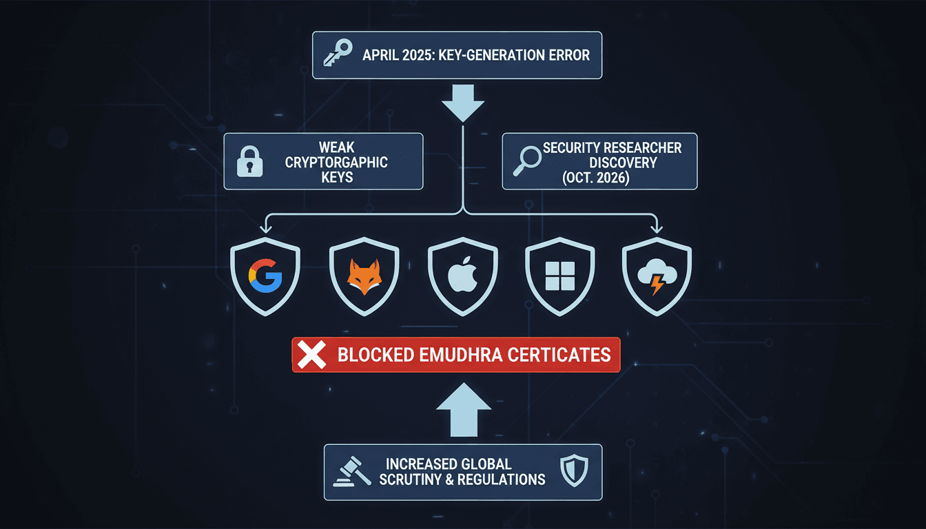 A visual representation of the eMudhra certificate flaw and its impact on online security.