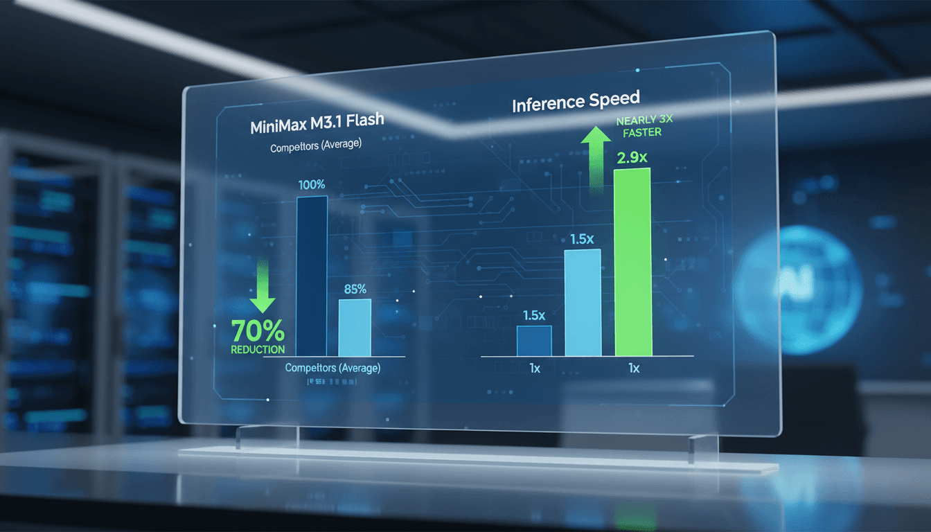 A visual representation of MiniMax's M3.1 Flash AI model showcasing its cost reduction and performance metrics.