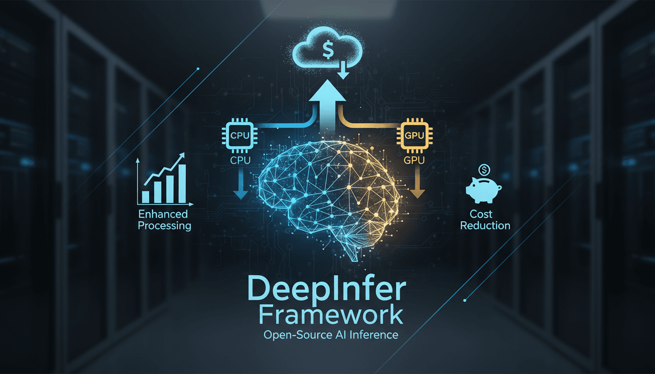 Visual representation of DeepSeek's DeepInfer framework and its dual hardware support for AI inference.