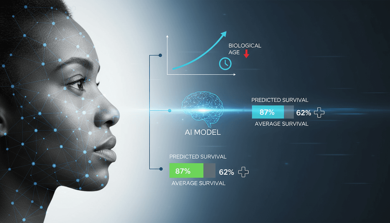 An infographic illustrating how AI predicts cancer survival and biological age from facial photographs.