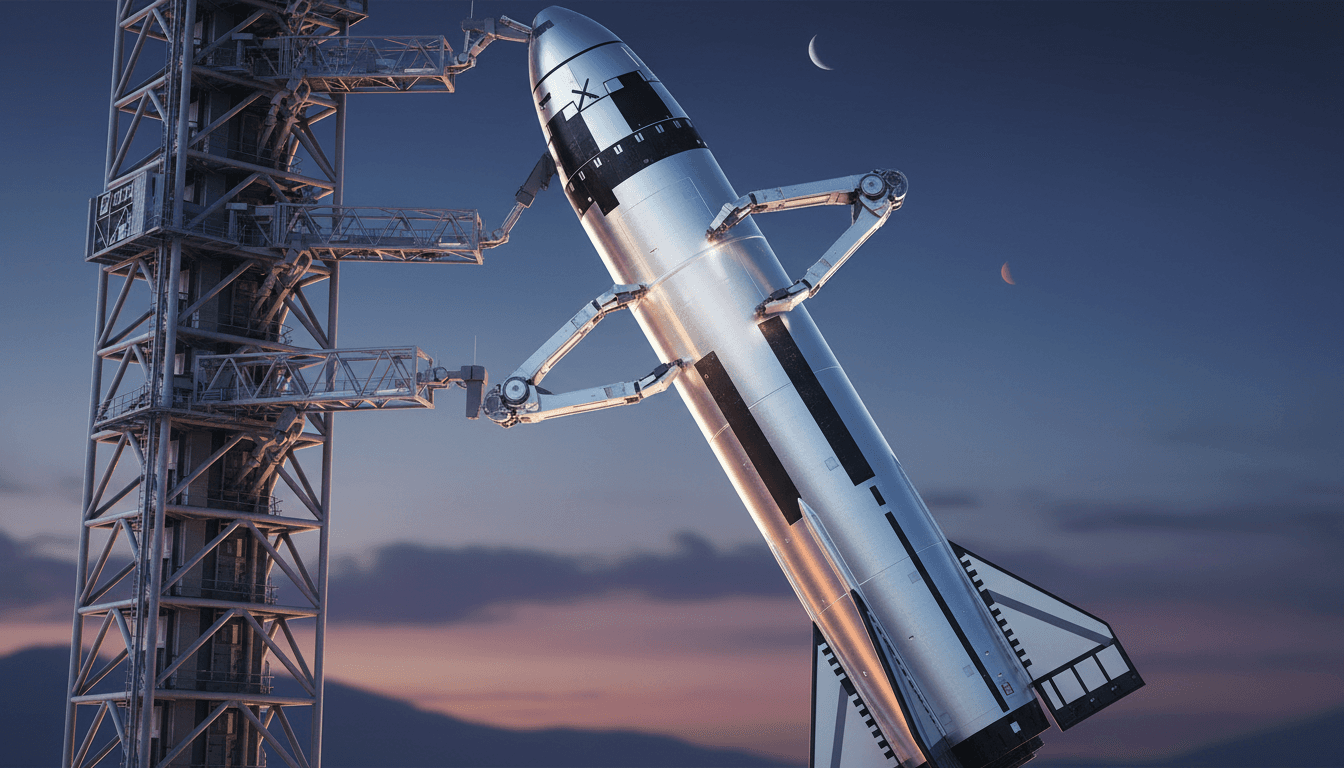 Illustration of SpaceX's Starship upper stage being caught by the launch tower's chopstick arms.