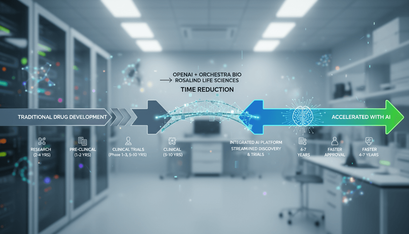 Infographic comparing traditional drug development timelines with AI-enhanced timelines post OpenAI's acquisition of Orchestra Bio.
