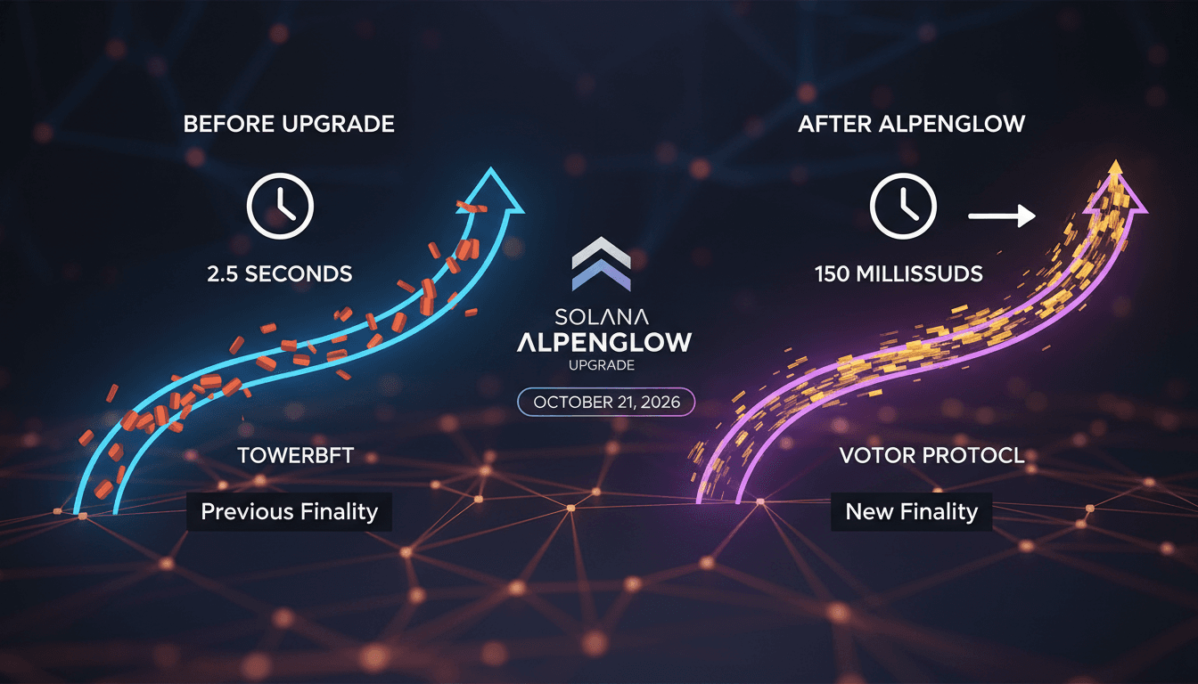 Infographic showing Solana's Alpenglow upgrade and its impact on transaction finality times.