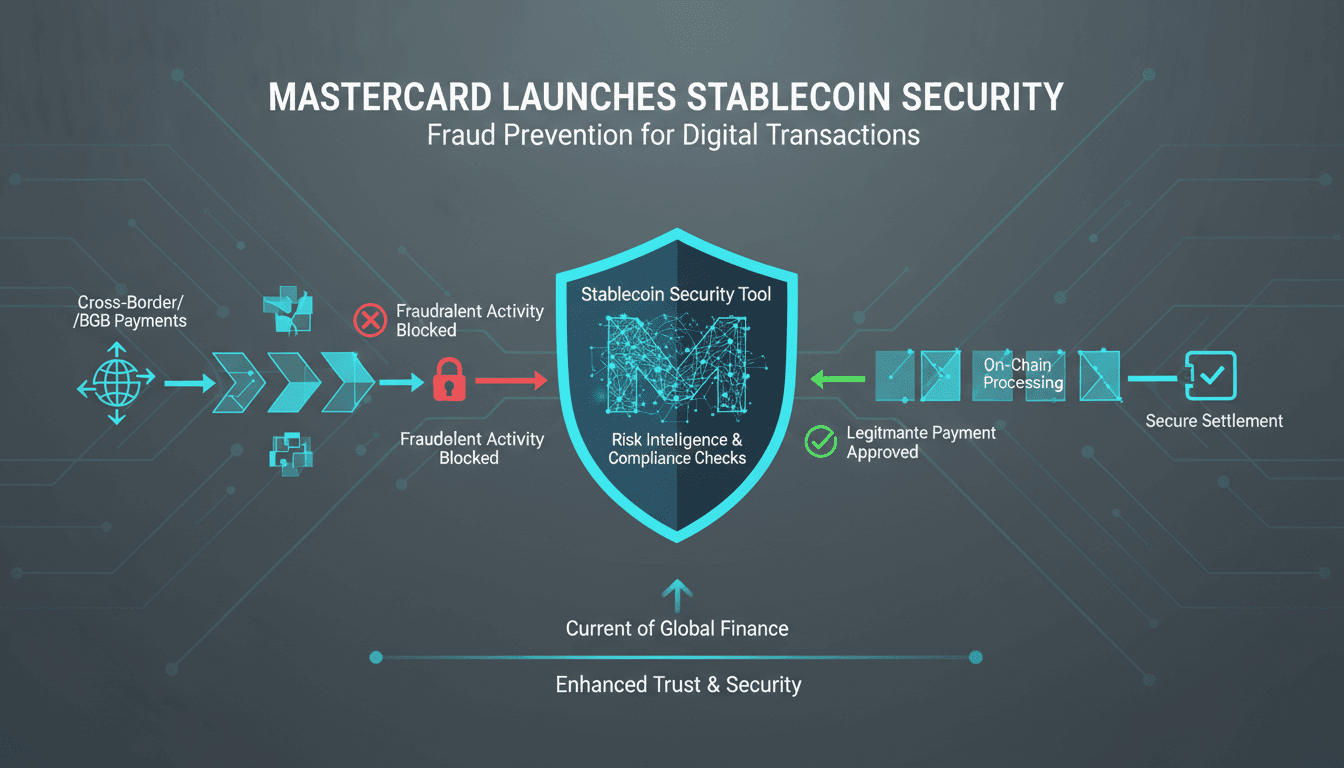 Infographic showing Mastercard's stablecoin security tool and its impact on fraud prevention.