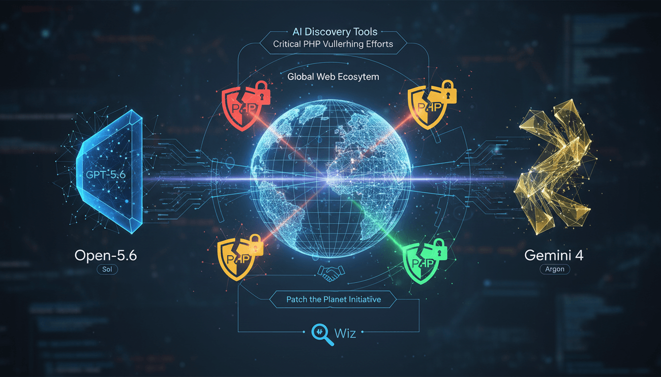 Infographic showing AI's role in discovering PHP vulnerabilities affecting global web security.
