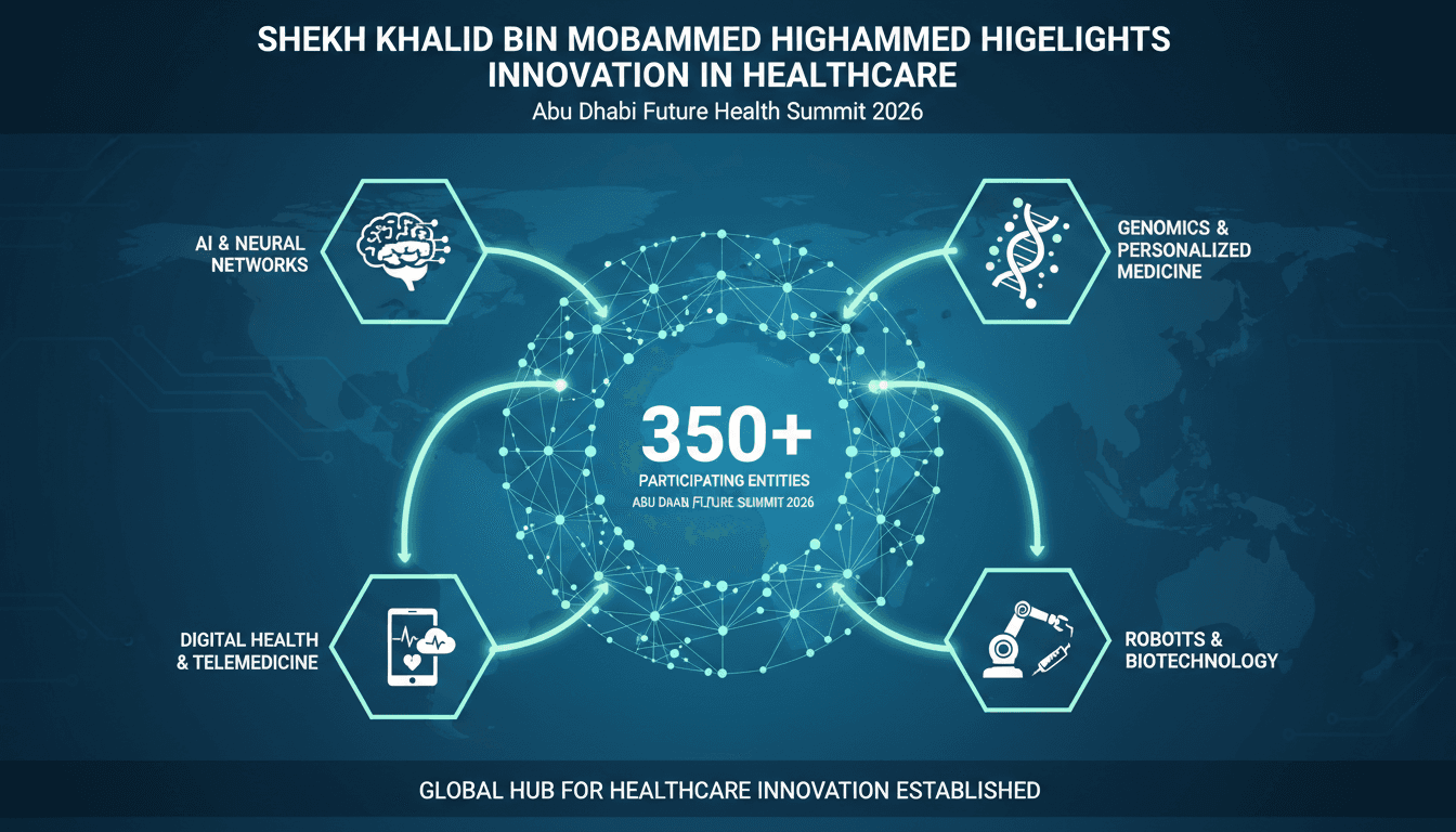 Sheikh Khalid bin Mohammed at the Abu Dhabi Future Health Summit, discussing healthcare innovation and collaboration opportunities.