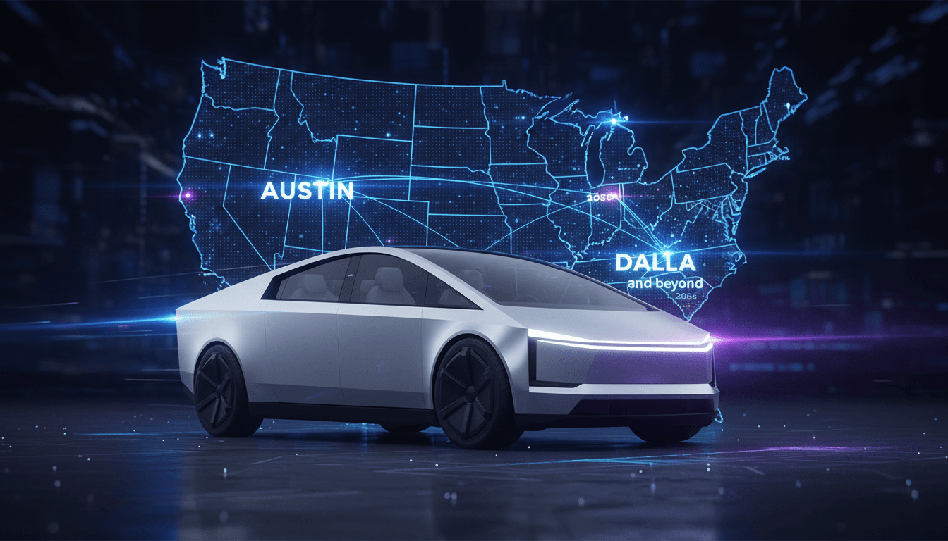 Tesla's Cybercab robotaxi with a map of U.S. cities for expansion plans.