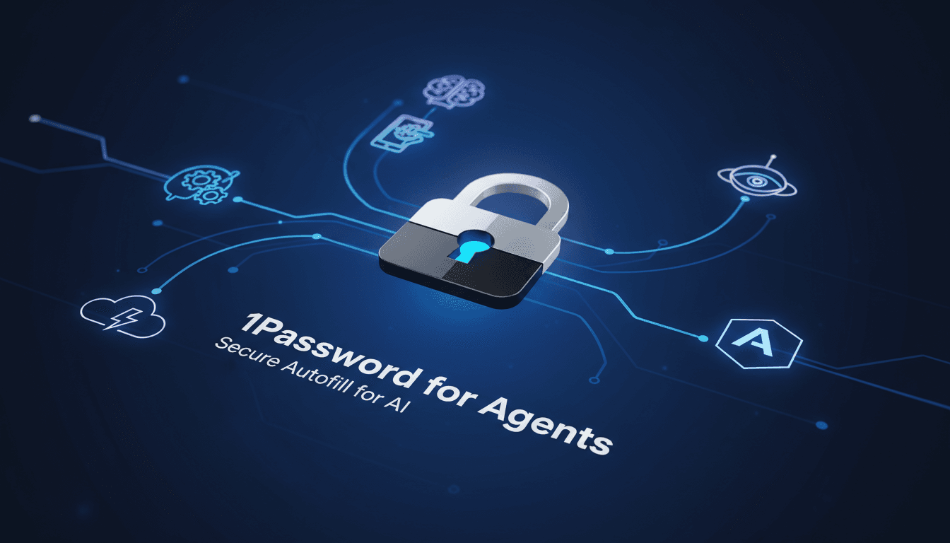 A graphic showing 1Password's logo with AI agent icons, highlighting secure access features.