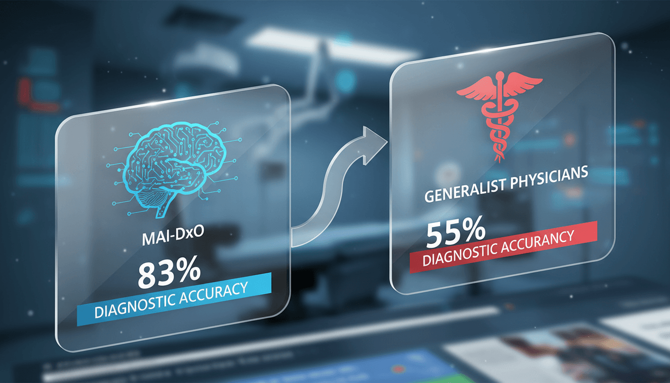 Infographic comparing diagnostic accuracy of Microsoft AI and physicians in complex medical cases.