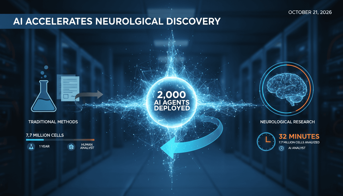 Infographic showing OpenAI's AI agents analyzing mouse brain cells, highlighting speed and efficiency in neurological research.