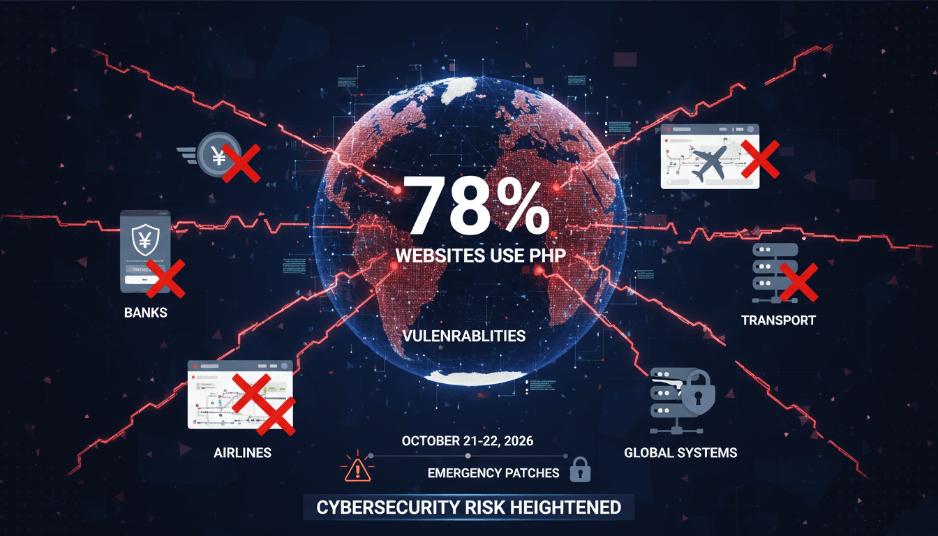 Infographic showing PHP usage statistics and the impact of vulnerabilities on Japanese banks and airlines.