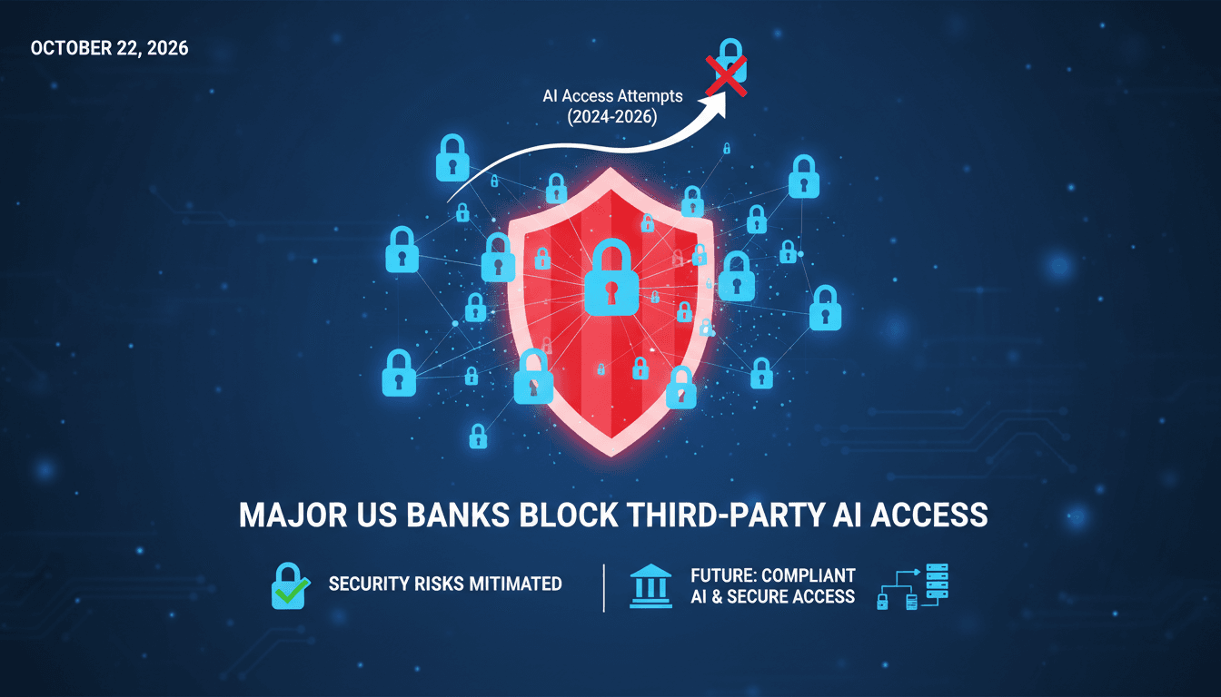 Infographic showing US banks blocking AI agent access to customer accounts and security measures taken.