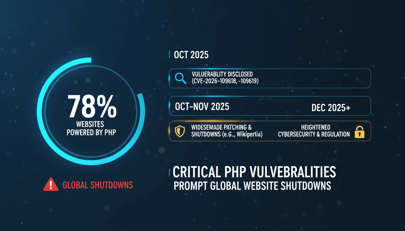 Infographic showing the impact of PHP vulnerabilities on global websites and response timeline.