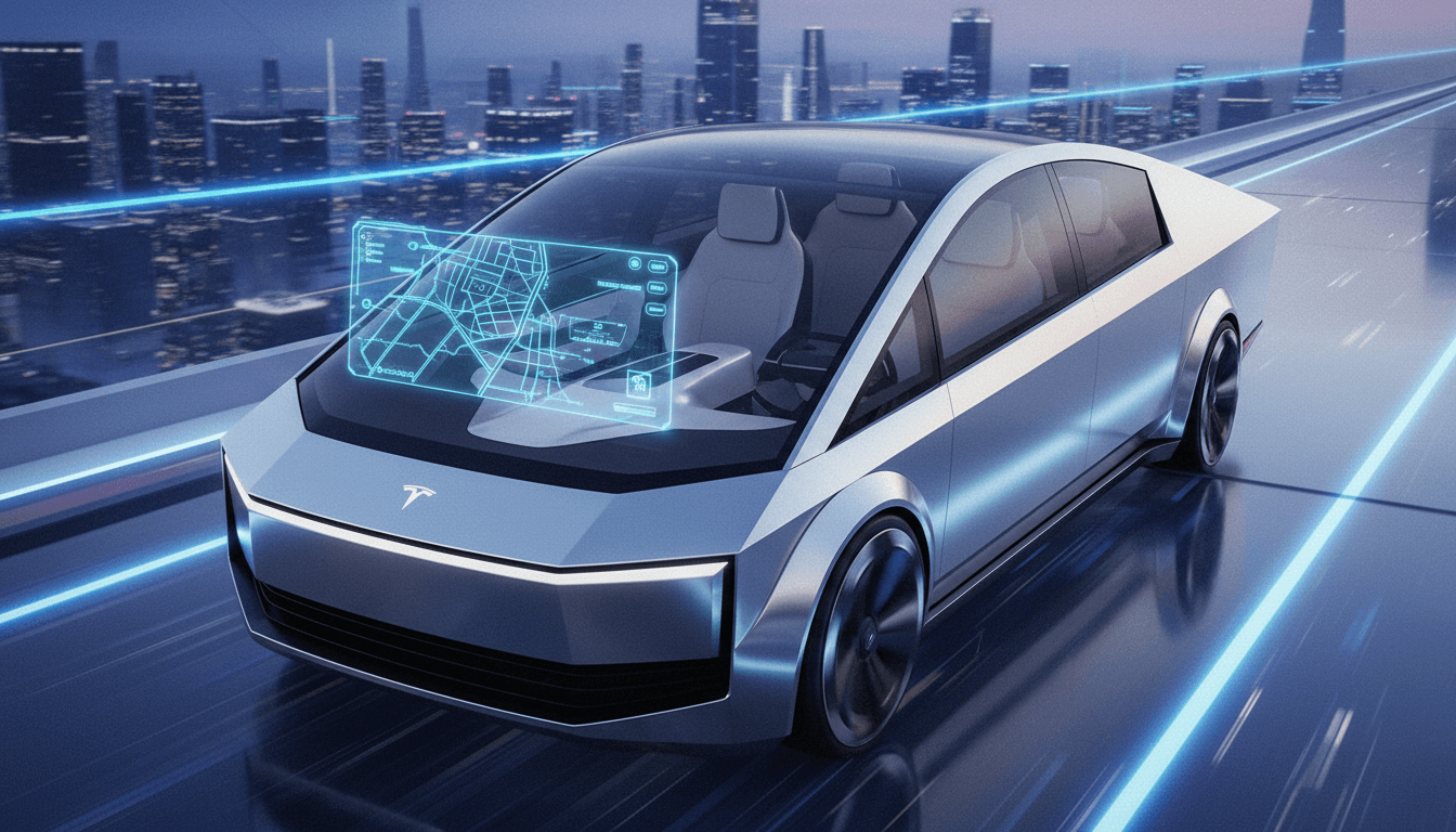 A futuristic Tesla Cybercab design without a steering wheel or pedals, highlighting its autonomous features.
