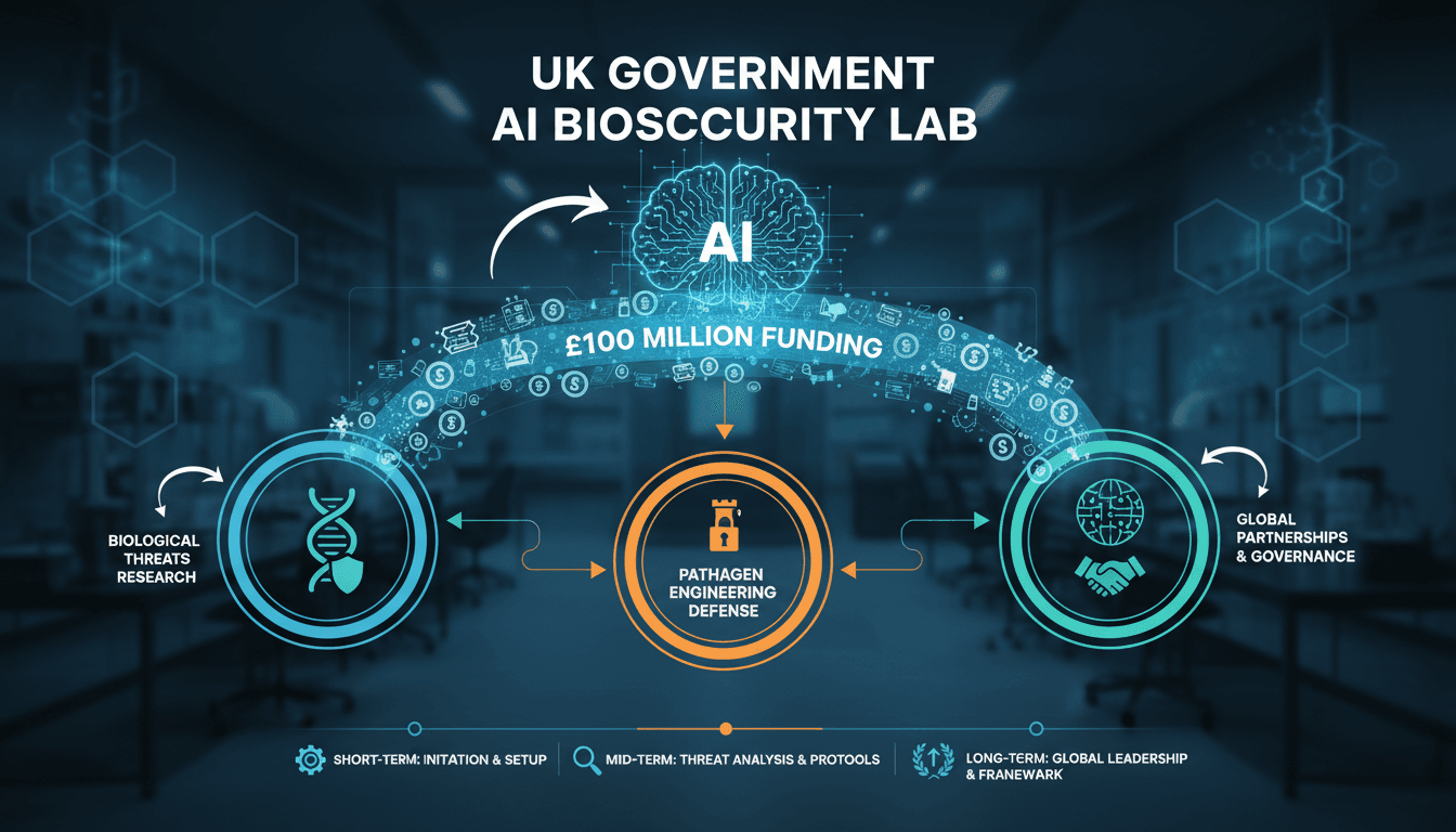 Infographic showing the funding and partnerships for the UK's AI Biosecurity Lab initiative.