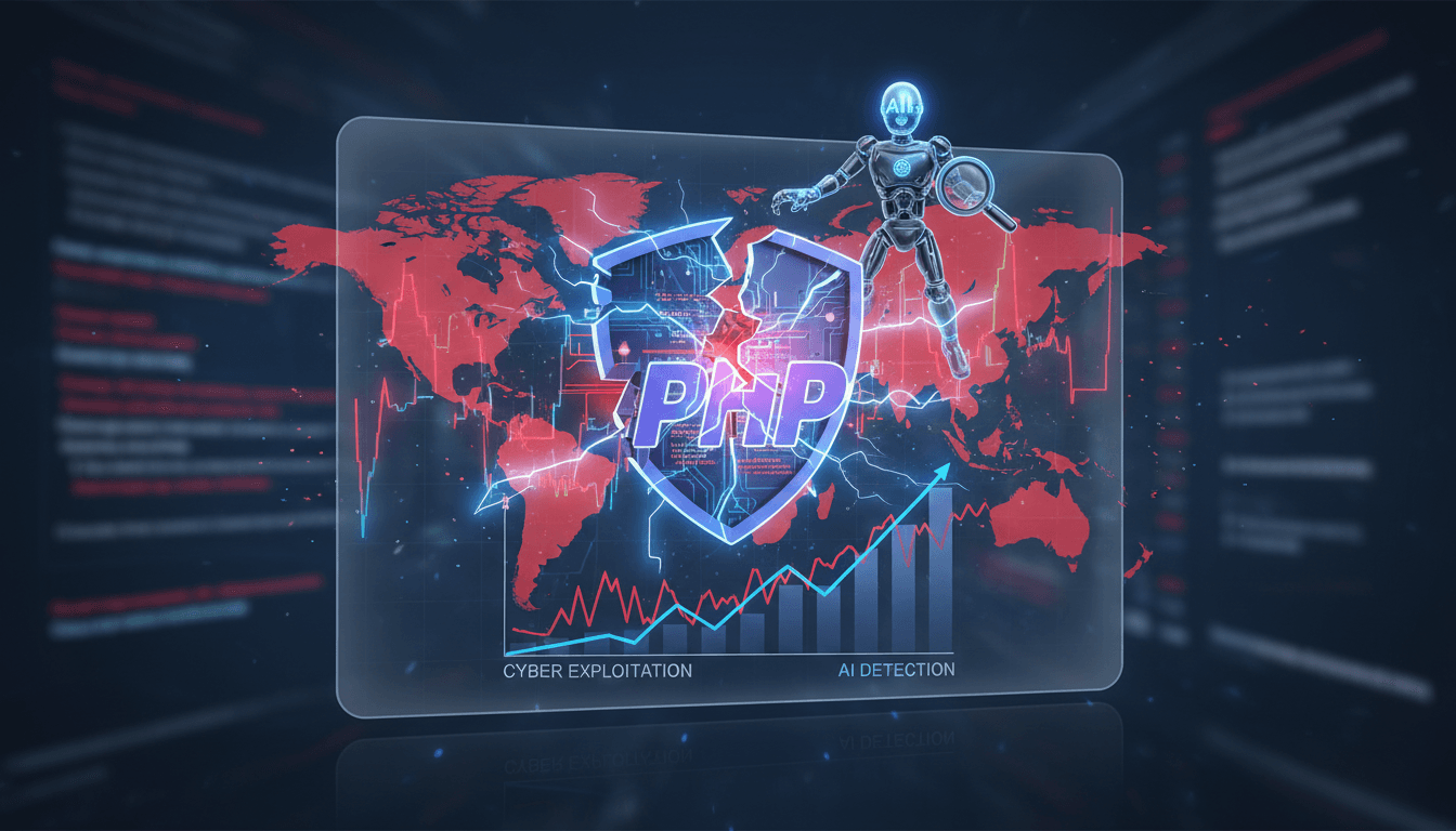 Illustration of PHP vulnerabilities affecting global websites and the urgency of cybersecurity measures.