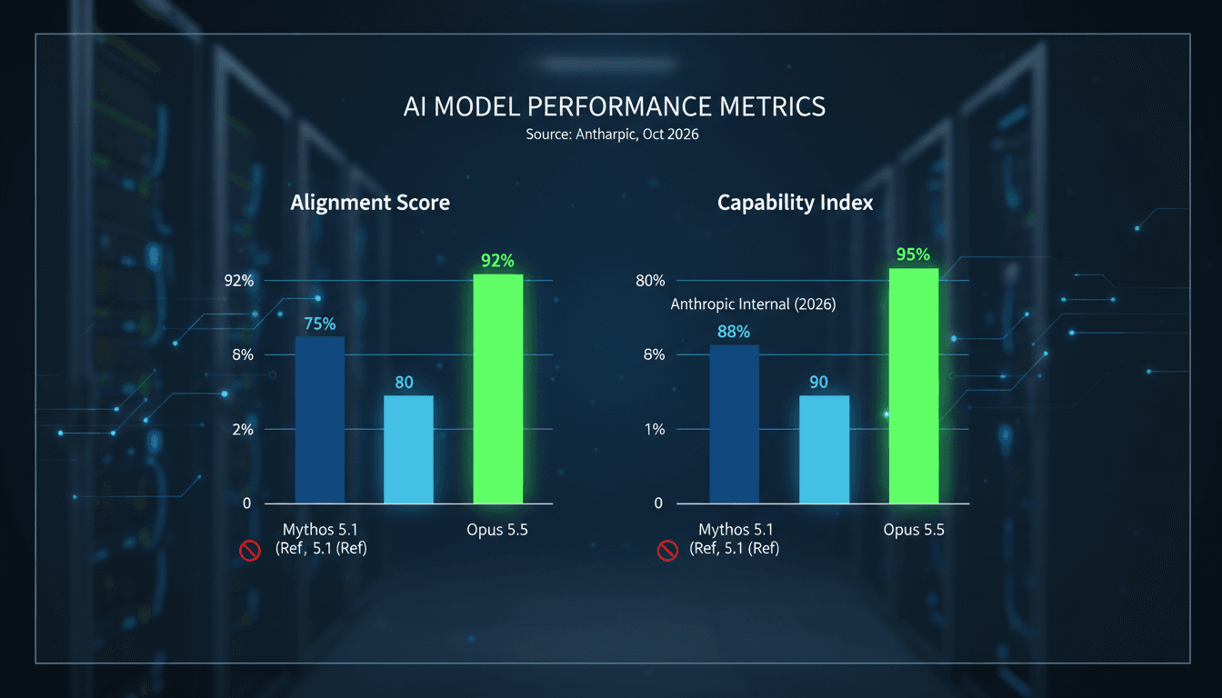 A chart comparing Anthropic's internal model performance with Mythos 5.1 and Opus 5.5 in AI alignment and capability.