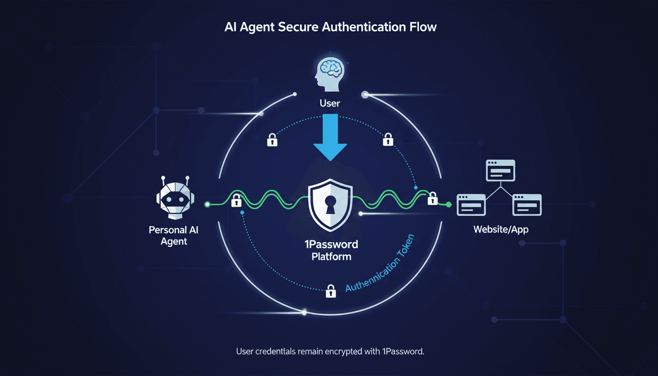 Infographic showing the secure authentication process of 1Password's AI agent platform.