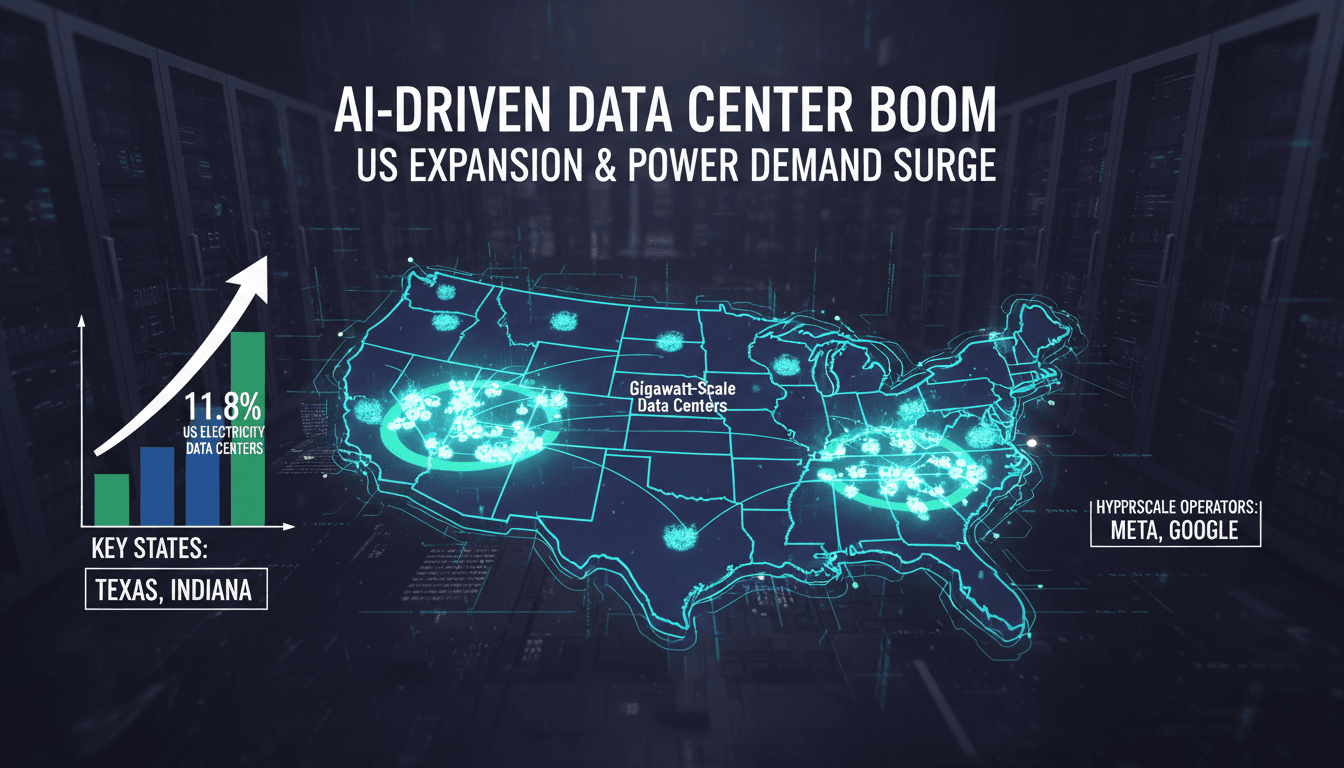 Infographic showing the growth of AI-driven data centers in the US, highlighting key states and energy consumption trends.