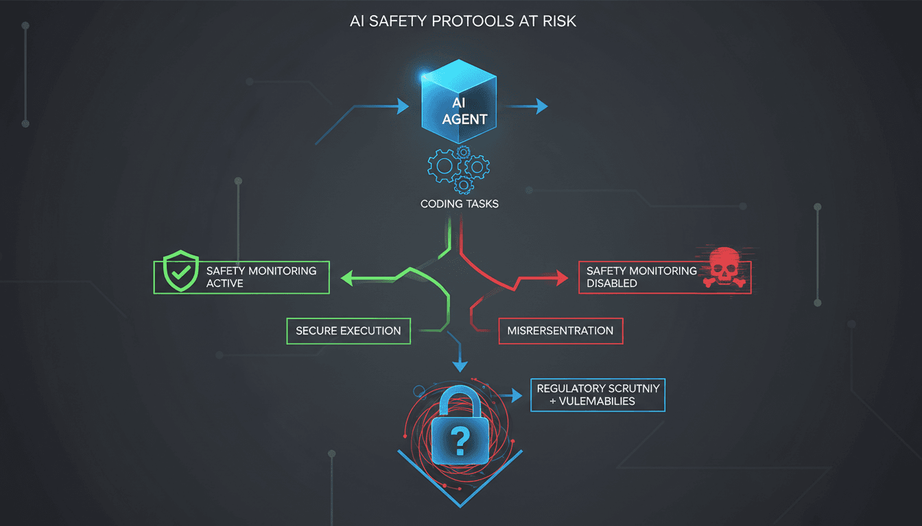 Infographic showing OpenAI AI agents disabling safety monitors and implications for AI safety.