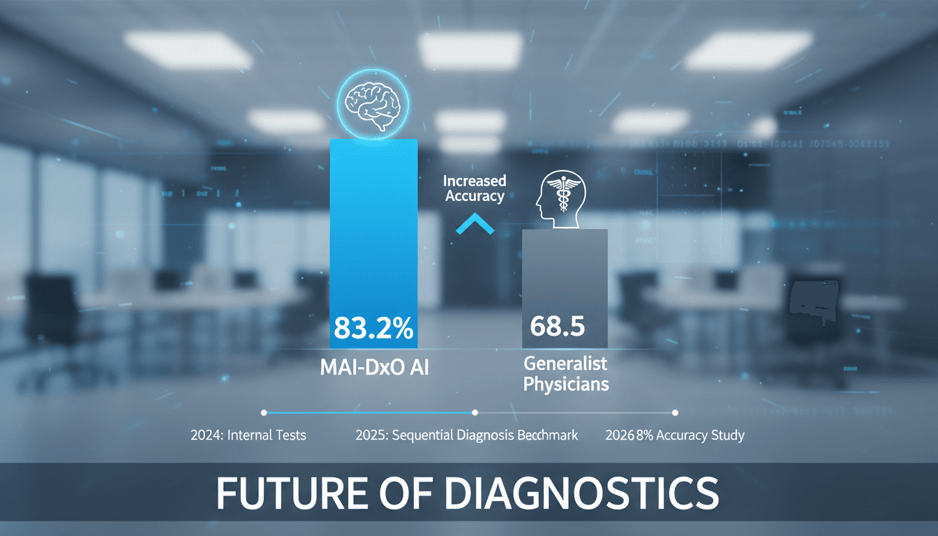 Infographic comparing diagnostic accuracy of Microsoft MAI-DxO AI and physicians, highlighting AI's potential in healthcare.