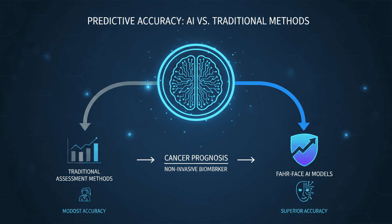 Infographic showing AI's predictive accuracy in cancer survival and biological age estimation from facial photographs.