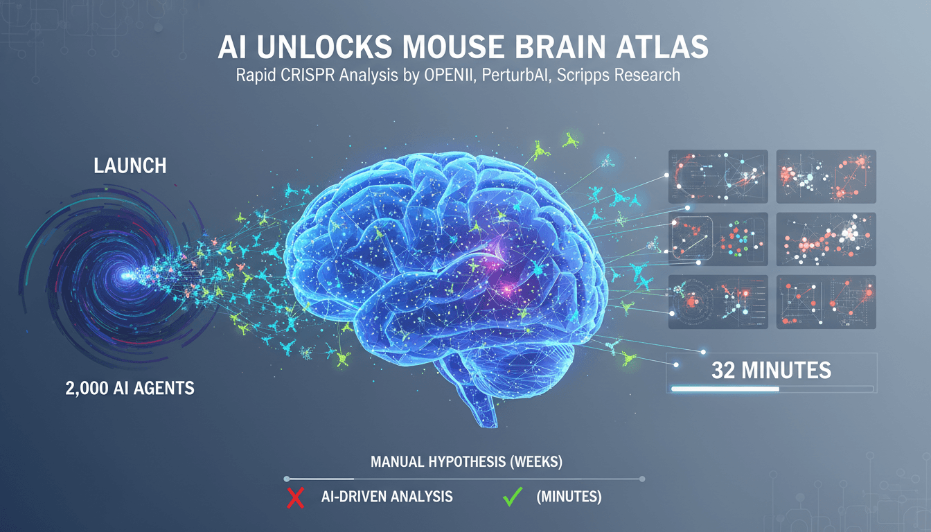Infographic showing OpenAI's AI agents analyzing mouse brain CRISPR data and findings.