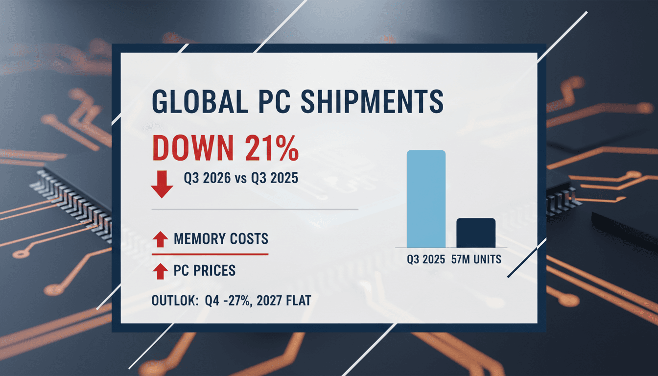 A graph showing the decline in global PC shipments in Q3 2026 alongside rising component costs.
