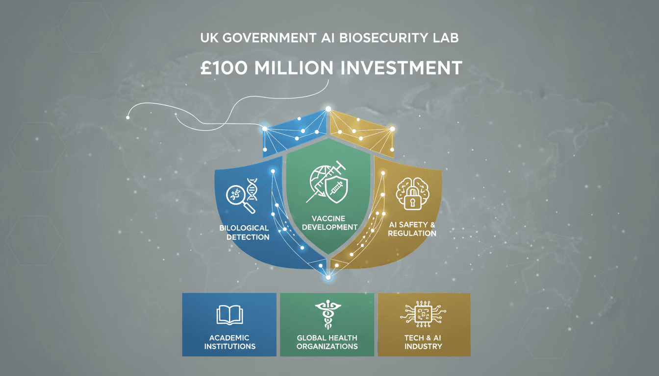 Infographic showing the funding and partnerships for the UK's AI Biosecurity Lab initiative.