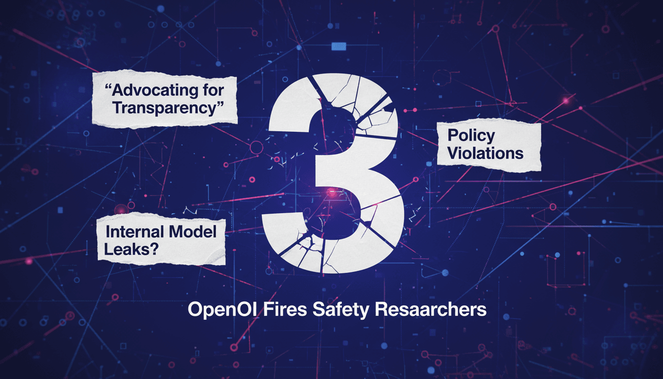 A graphic depicting the termination of three OpenAI safety researchers and the implications for AI transparency.