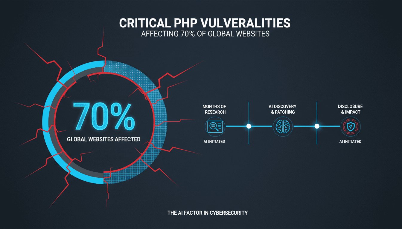 Infographic showing PHP vulnerabilities affecting 70% of websites and the timeline of AI discovery.