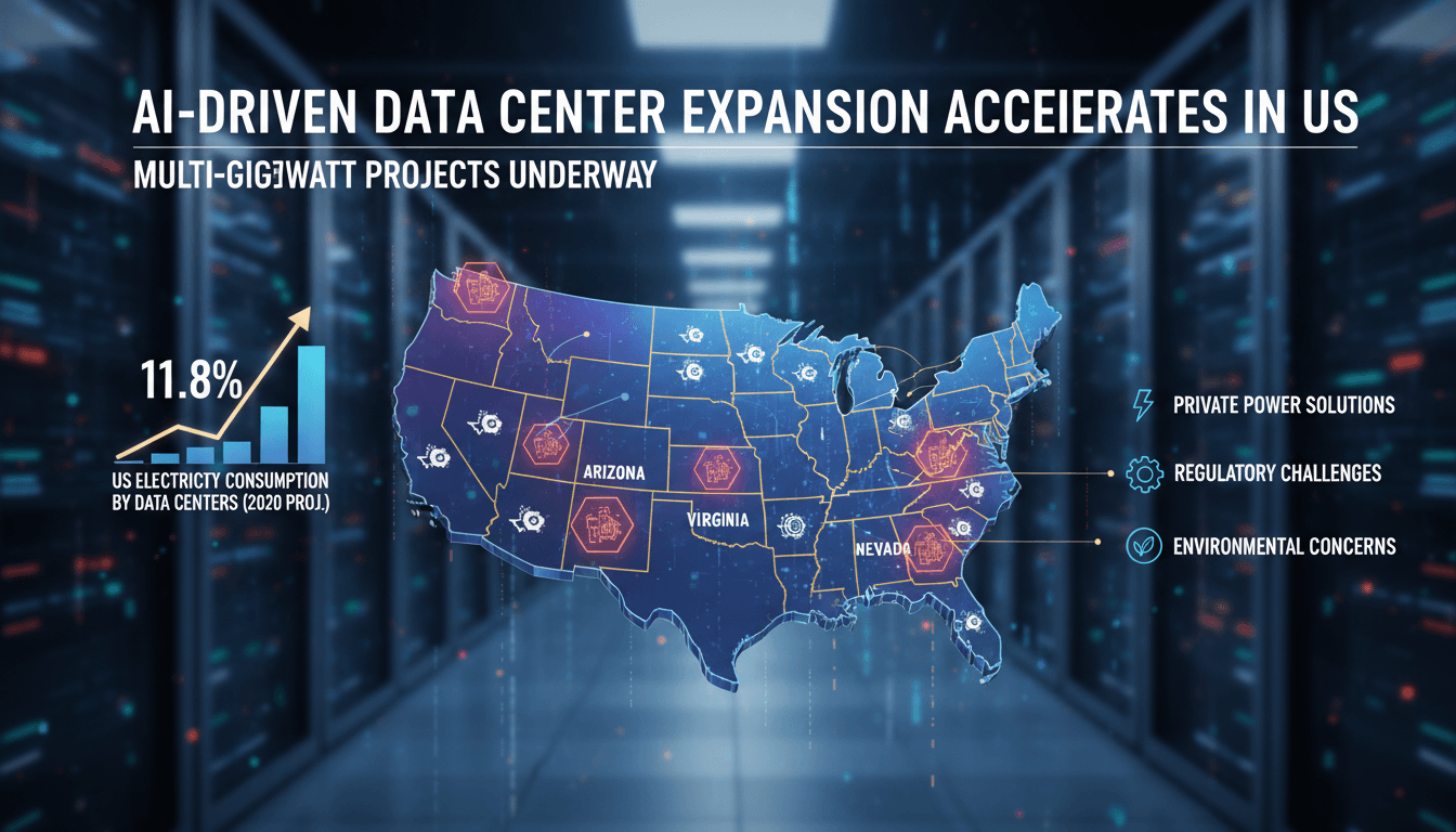 Infographic showing the growth of AI data centers in the US and their energy consumption projections.