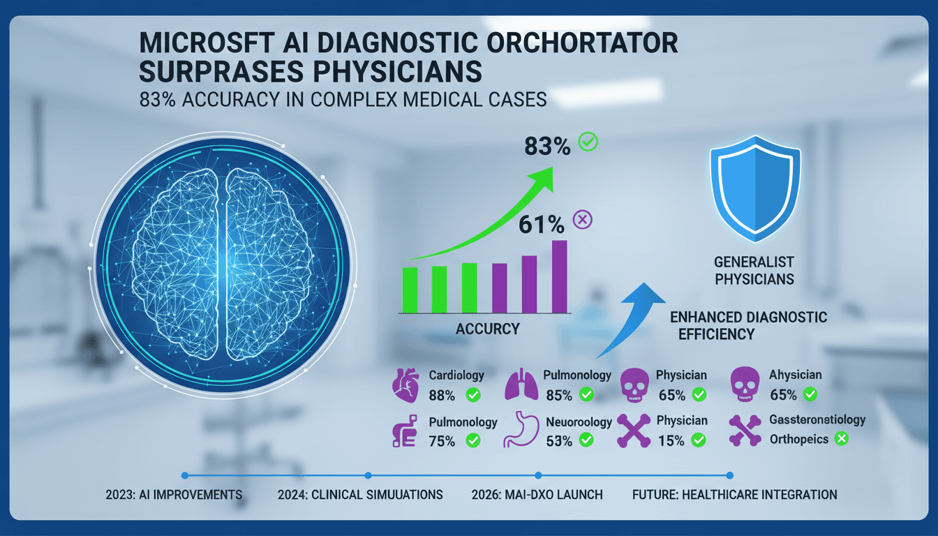 Infographic comparing diagnostic accuracy of Microsoft AI tool MAI-DxO and generalist physicians in complex medical cases.