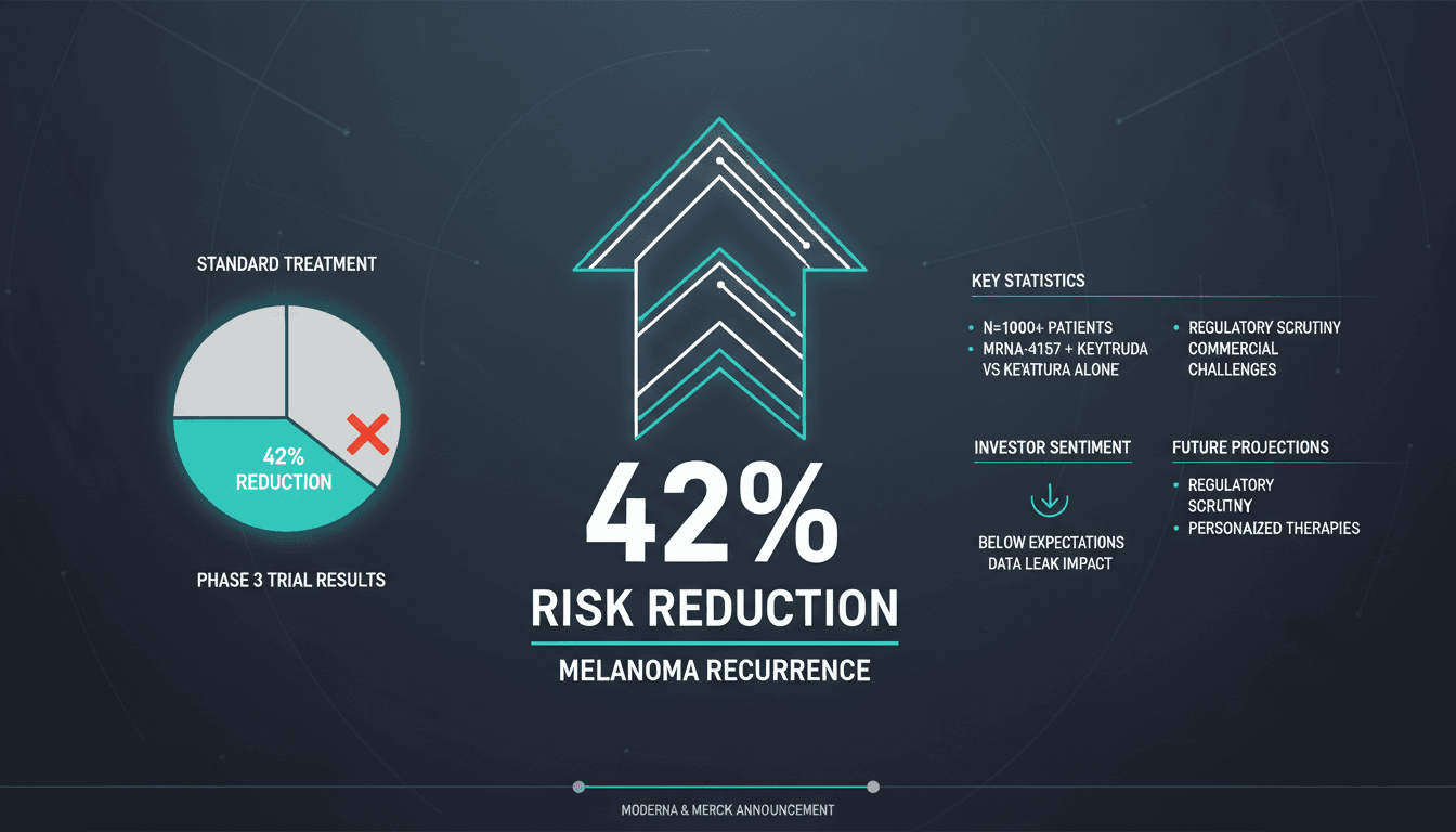 Infographic detailing Moderna and Merck's mRNA melanoma vaccine results, highlighting 42% recurrence risk reduction.