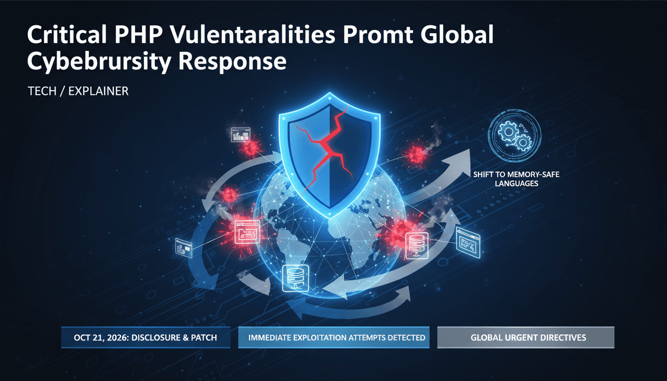 Infographic showing the impact of PHP vulnerabilities on global web security and response actions.