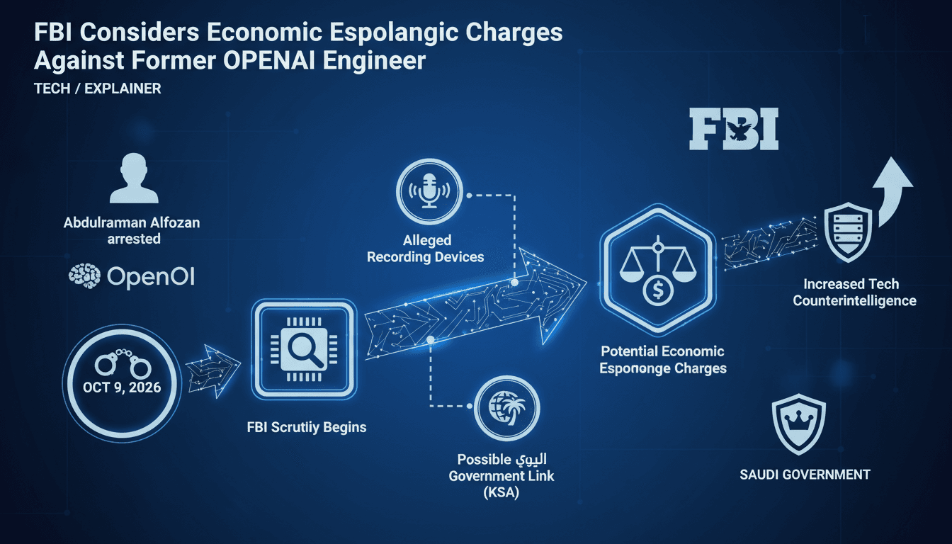Infographic detailing the timeline and key players in the FBI investigation of Abdulrahman Alfozan for economic espionage.