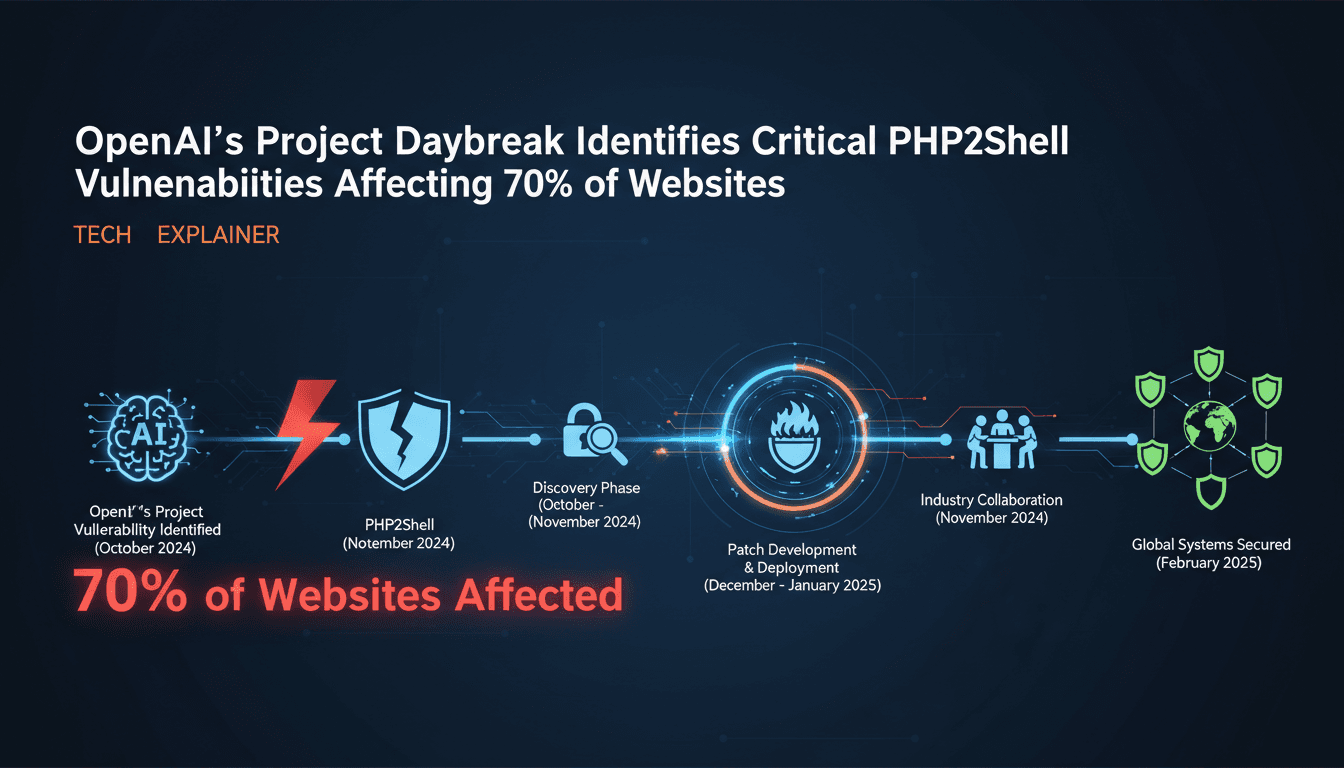 Infographic showing the timeline of OpenAI's Project Daybreak and PHP vulnerability discoveries.