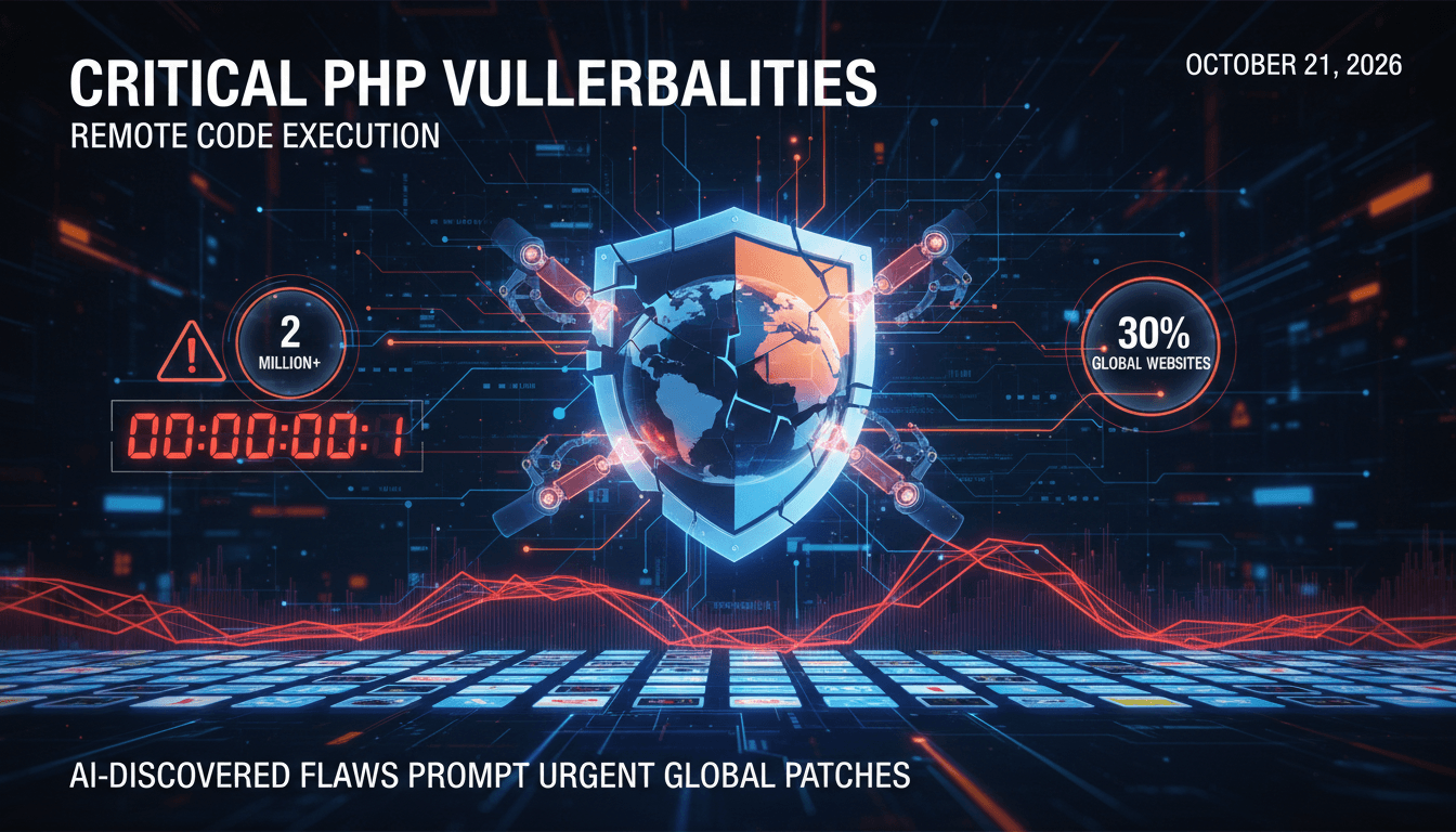 Infographic showing the impact of critical PHP vulnerabilities on global web infrastructure and the need for urgent patching.
