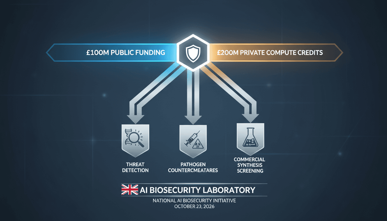 Minimalist infographic detailing UK AI Biosecurity Lab funding distribution across government and private frontier labs