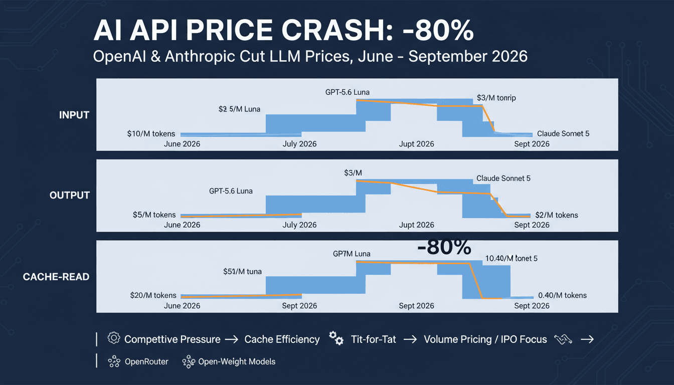 Line graph showing LLM API token price reductions between OpenAI and Anthropic across 2026