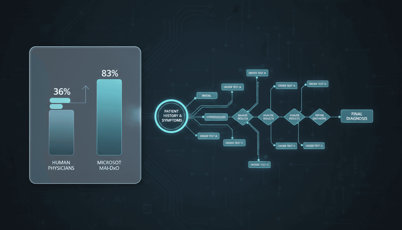 Data chart comparing Microsoft Diagnostic Orchestrator medical AI diagnostic accuracy against human physicians
