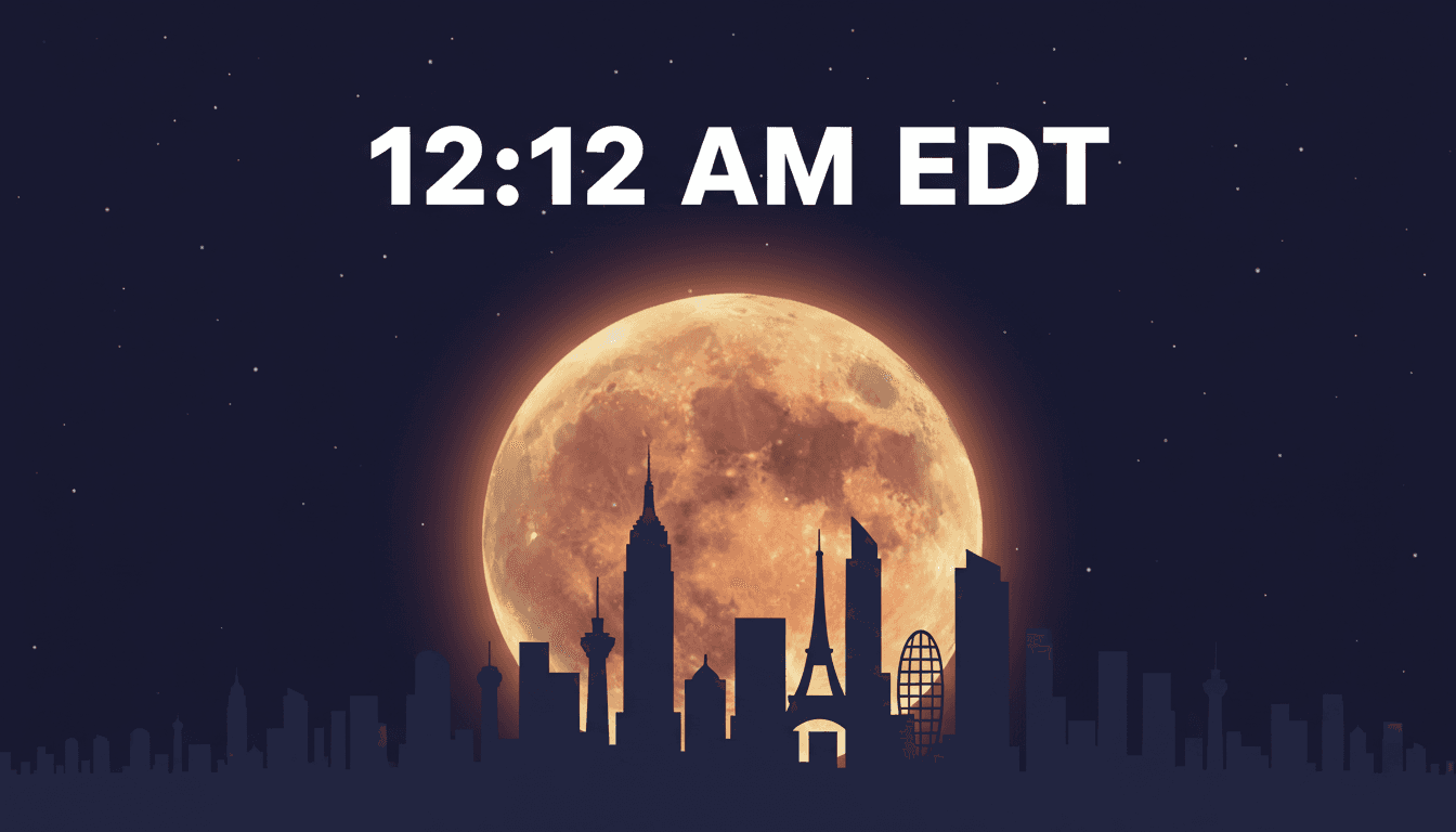 October 2026 Hunter's Moon illuminated brightly over a modern city skyline at night