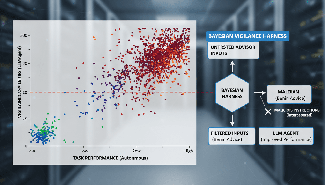 Diagram illustrating decoupled performance and vigilance in autonomous LLM agents with a Bayesian harness filter