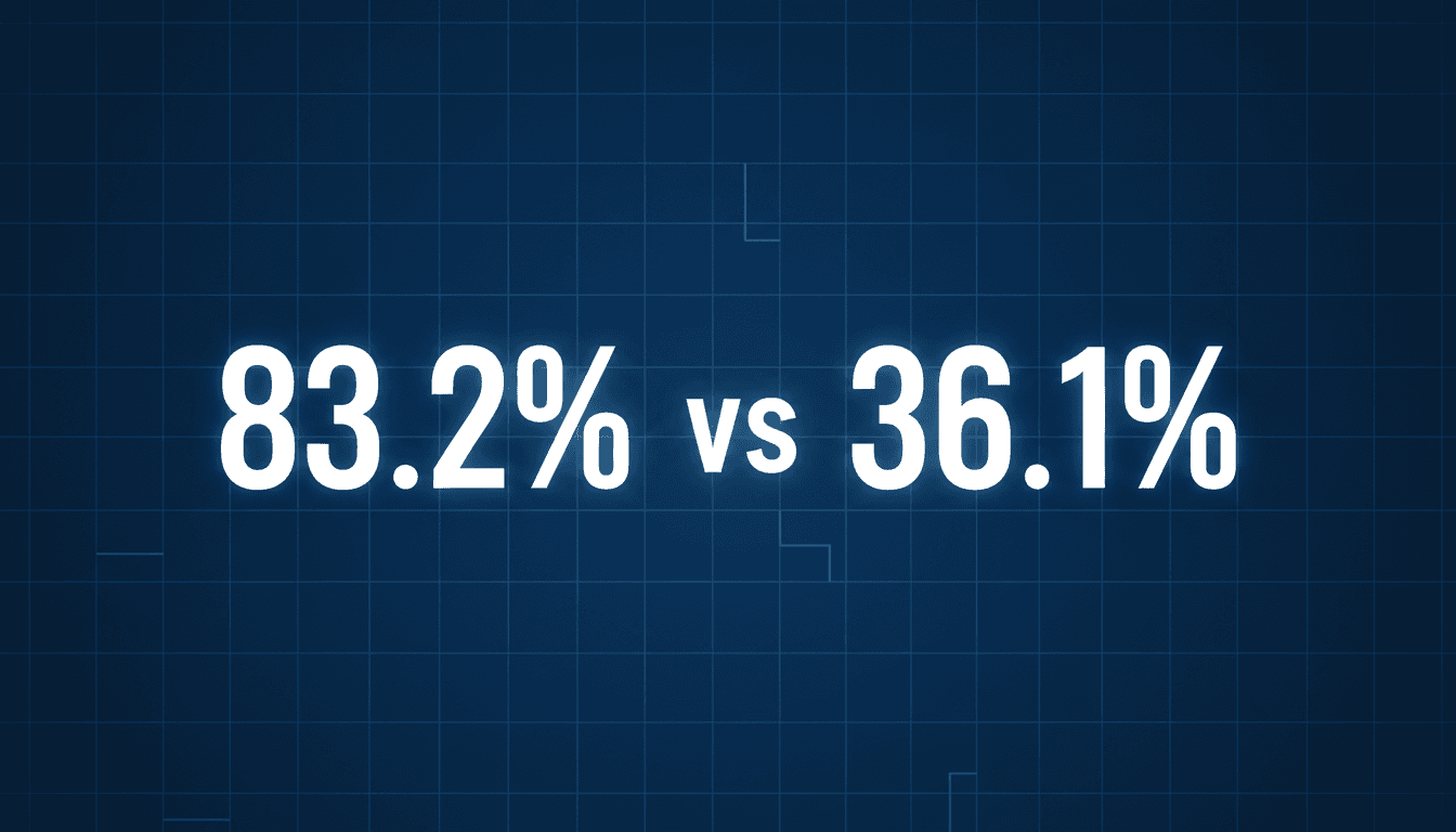 Minimalist dark blue visual graphic displaying 83.2% diagnostic accuracy for Microsoft MAI-DxO AI orchestrator