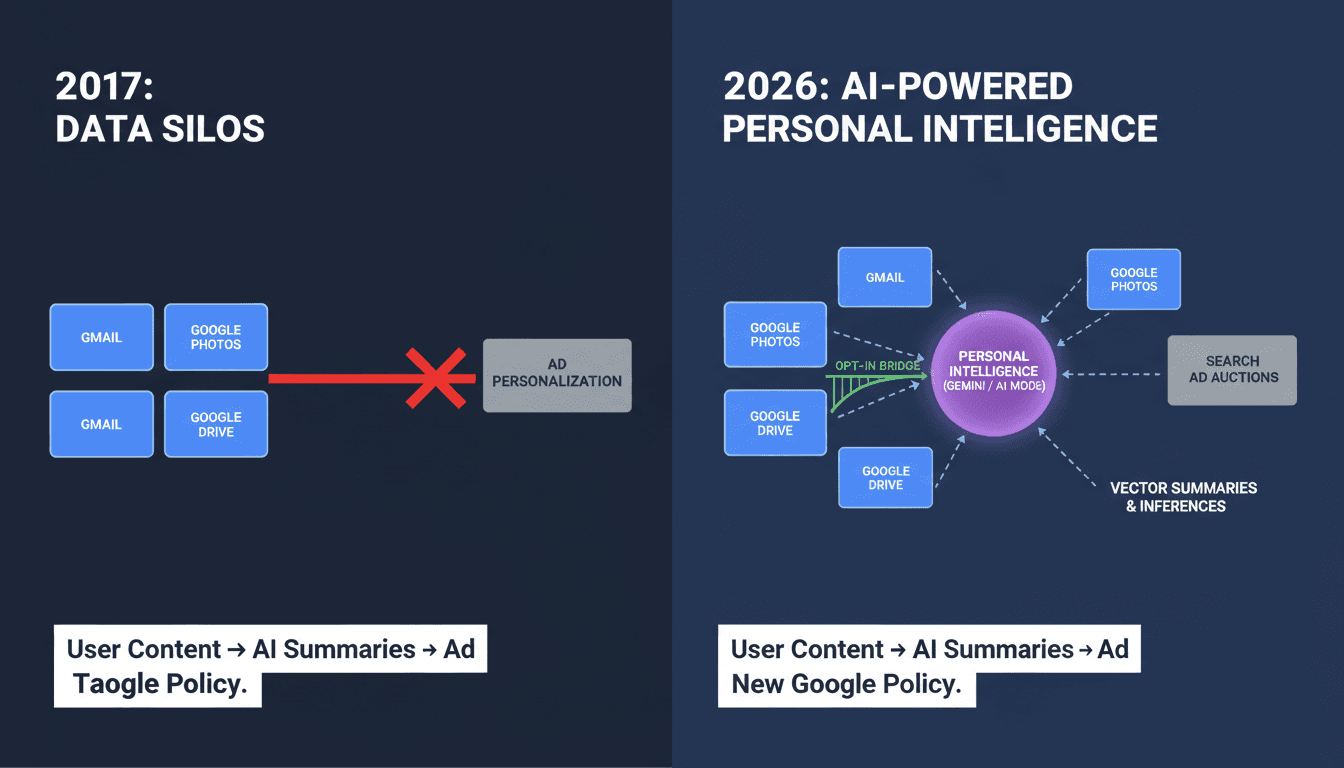 Technical architectural diagram showing personal Google Drive and Gmail data summaries routing into Google Search ad personalization.