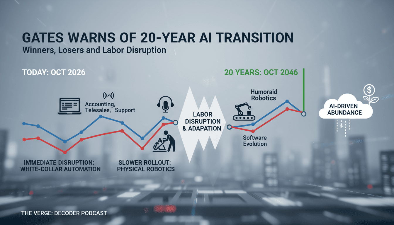 Infographic illustrating the 20-year AI transition timeline across white-collar software automation and humanoid robotics.