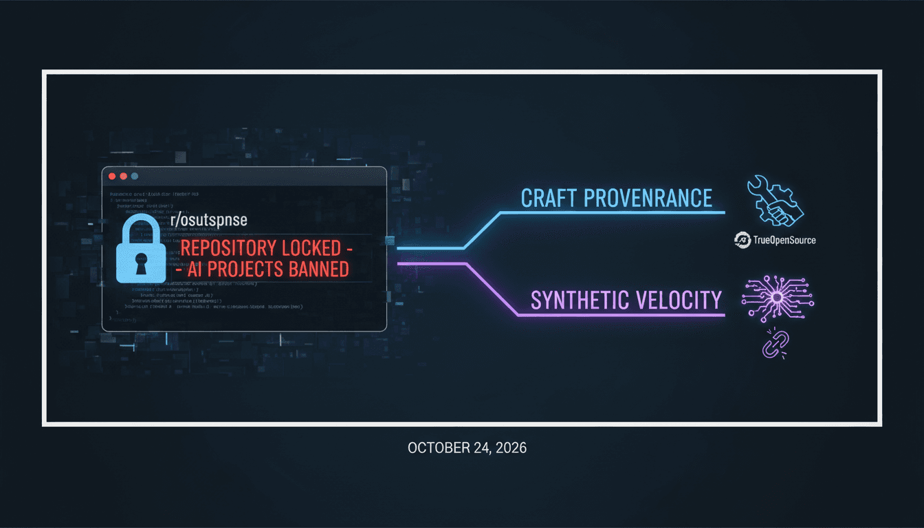 Minimalist graphic of digital code repositories separating into human craft and synthetic development paths