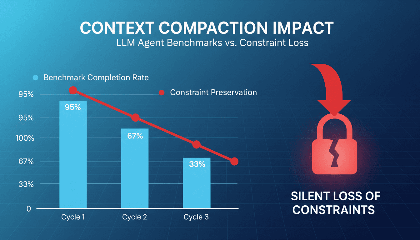 Analytical diagram comparing LLM agent benchmark resilience against constraint loss during context compaction